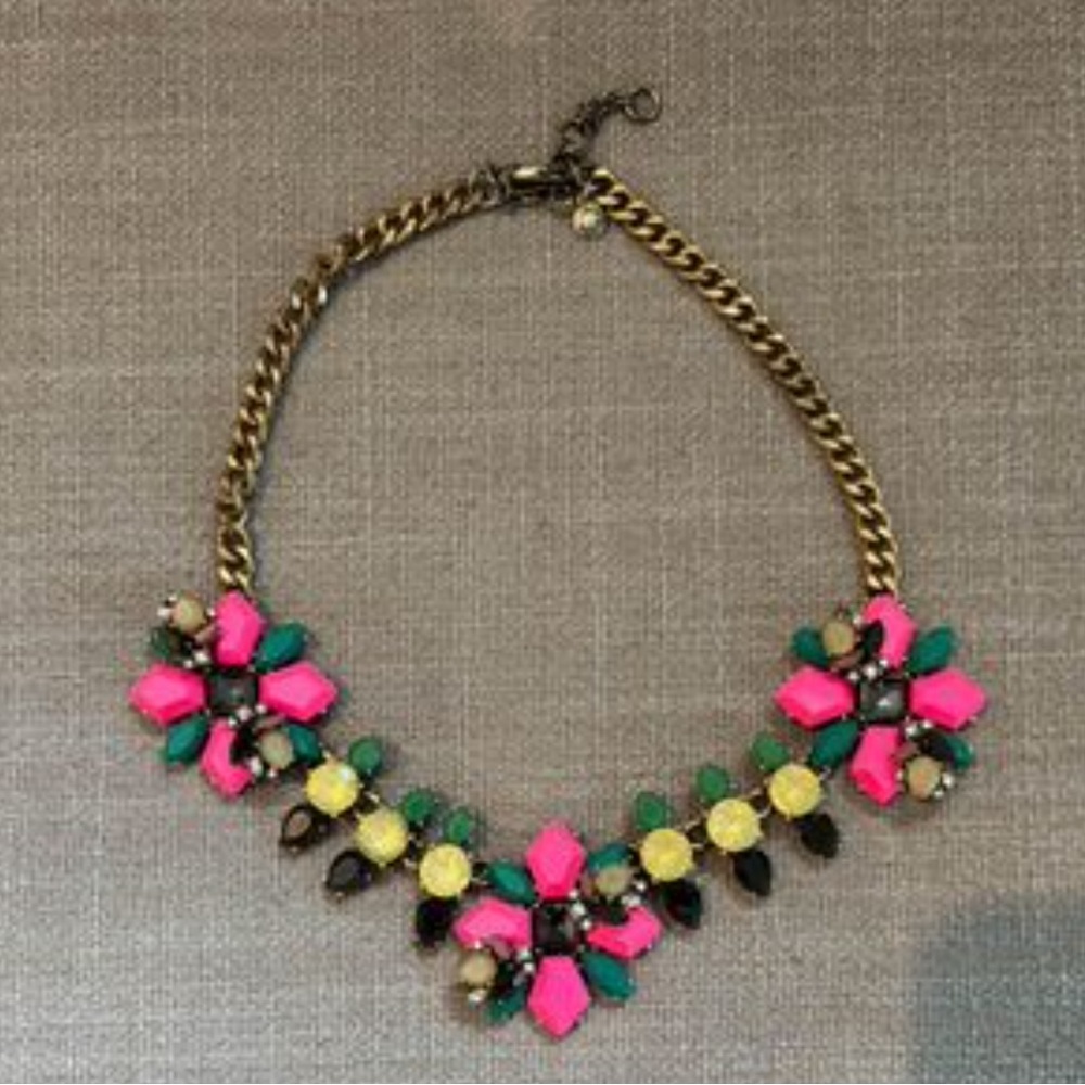 J. Crew Signed Crystal Floral Statement Necklace Hot Pink Teal